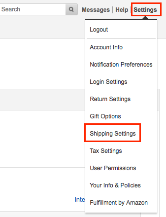 Amazonセラーセントラルにログインし、[Settings]をクリックして表示されるメニューから[Shipping Settings]をクリック