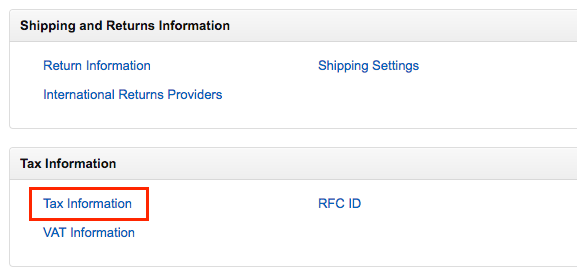 amazon usa 登録 Seller Account Informationの画面の下部にある「Tax Information」
