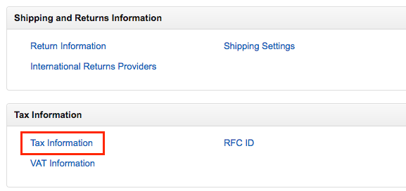 Seller Account Informationの画面の下部にある「Tax Information」