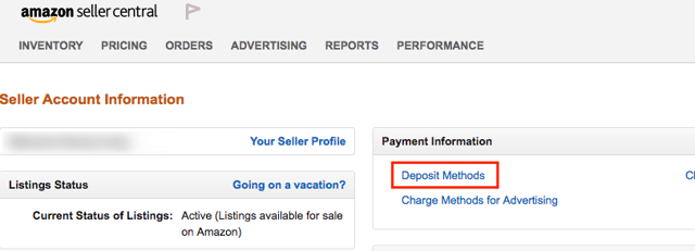 Seller Account Information画面が開きますので、「Deposit Methods」をクリック