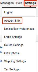 Amazonのセラーセントラル画面を開き、Settings＞Account Infoをクリック