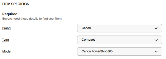 「ITEM SPECIFICS」欄の商品の詳細情報を入力します