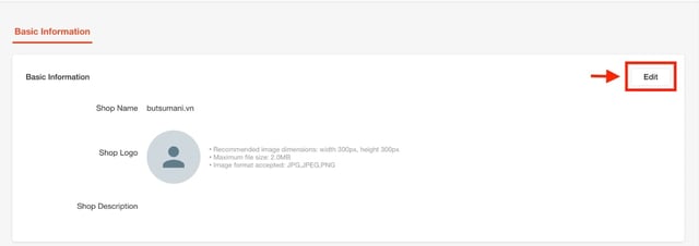 Home ＞ Shop Infomationから、「Edit」をクリックします