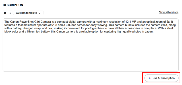「DESCRIPTION」に商品の説明文を記入します。