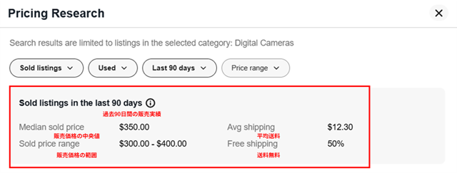 上の画像にある右側の赤枠「See similar listings」で相場を確認できます。