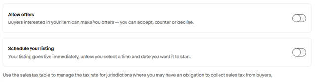 「Allow offers」で価格交渉に応じるかどうかを設定します。