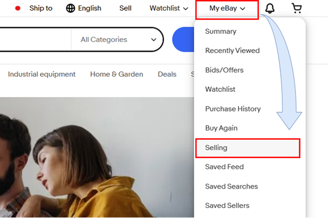eBayにログインし、トップページ右上の「My eBay → Selling」の順にクリックします