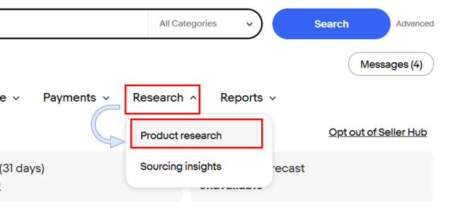 セラーハブのページが表示されるので、上の方にあるメニューの「Research」→「Product research」をクリック