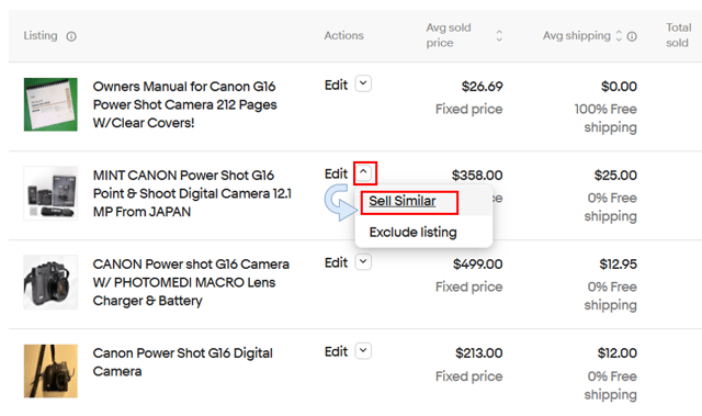 同じ商品または似た商品を探して「Edit」の横にある矢印をクリック、「Sell Similar」ボタンを押します