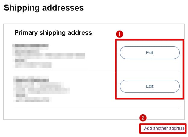 「Shipping addresses(お届け先住所）」の画面