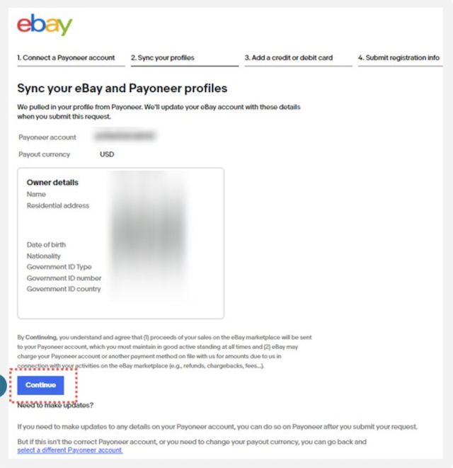 Payoneerに登録した情報とeBay同期（Sync your eBay and Payoneer profiles）