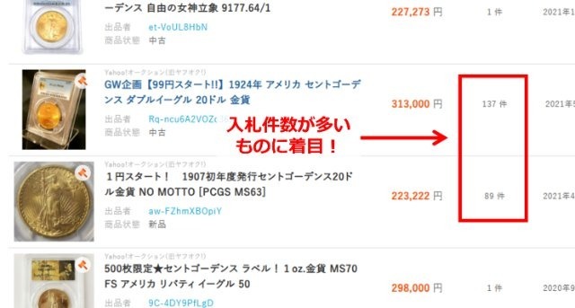 オークファンの操作画面｜入札件数がどこに表示されているか、図示している画像
