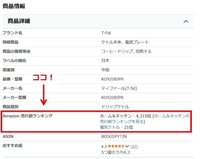 Amazonの商品ページ画像|ページ下部の「商品詳細」のところに、売れ筋ランキングが表示されているのを図示したもの