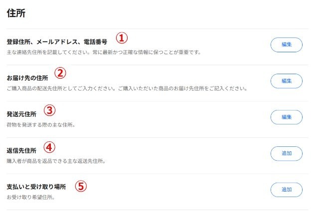 eBayの住所欄|登録住所やお届け先、発送元など、5つの住所が並んでいる(日本語翻訳ver.)