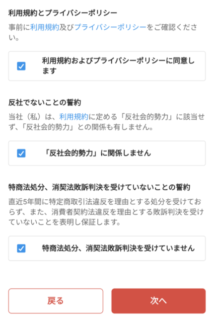 利用規約とプライバシーポリシーについて確認する画面。上から順に確認しながら3か所にチェックを入れて、右下の「次へ」をタップする