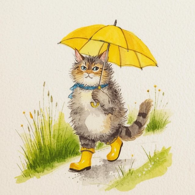AIで作成したメルカリのプロフィール画像。黄色いかさをさして、黄色い長靴をはいた猫が歩く様子を、水彩画風のタッチで描いたもの