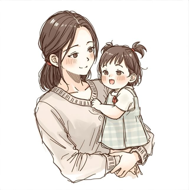 AIで作成したメルカリのプロフィール画像。小さな子どもと、その子を抱っこするママの似顔絵風のイラスト