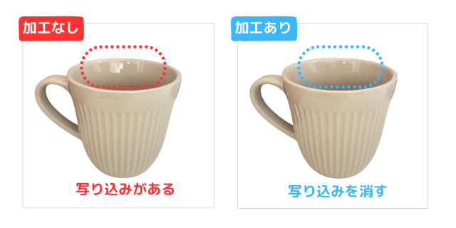 ふちに部屋の様子が写り込んでいるマグカップ（NG写真：左）と、アプリで写り込みを削除したマグカップ（OK写真：右）の比較画像
