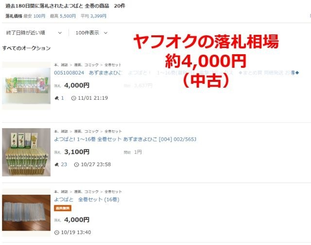 『よつばと!』全巻セットの相場を調べた、ヤフオクの画像（相場は4,000円）