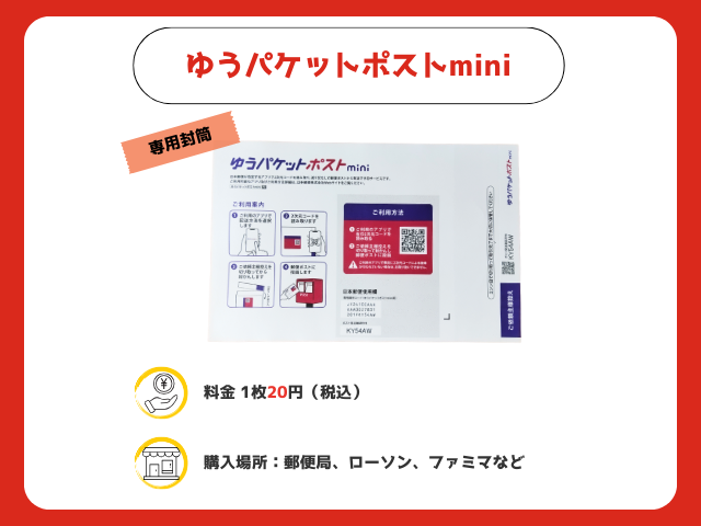 ゆうパケットポストminiの専用資材の料金（20円）と購入場所（郵便局、ローソン、ファミマ）を図示した画像