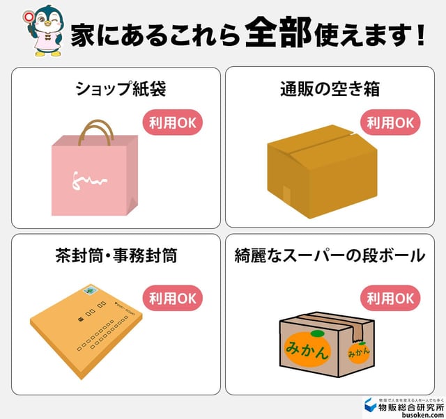 基本は家にある紙袋・空き箱・封筒でOK！