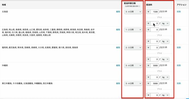 Amazonセラーセントラルの操作画面｜各地域ごとに送料と配送所要日数を入力しているところ