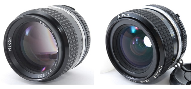 ニコンのMFレンズ、NIKKOR 50mm F2（左）とニコンのNIKKOR 28mm f／2.8 AISマニュアルフォーカスレンズ（右）の画像