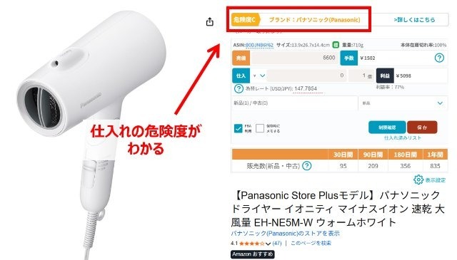 セラースケットの拡張機能を追加したAmazonの商品ページ画像｜パナソニックのドライヤーに仕入れ危険度「C」と表示されている。