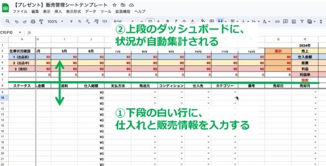 物販総合研究所が無料配布している、せどりの売上・在庫管理用スプレッドシートの全体像がわかる画像