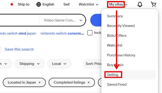eBay「Product research」の操作画面|トップページ右上の「My eBay」「Selling」の順にクリックするところ