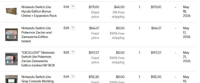 eBay「Product research」の操作画面|検索結果の商品リストにポケモンデザインのスイッチライトが並んでいる画像