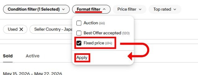 eBay「Product research」の操作画面|「Format filter」の項目で「Fixed price」を選択しているところ