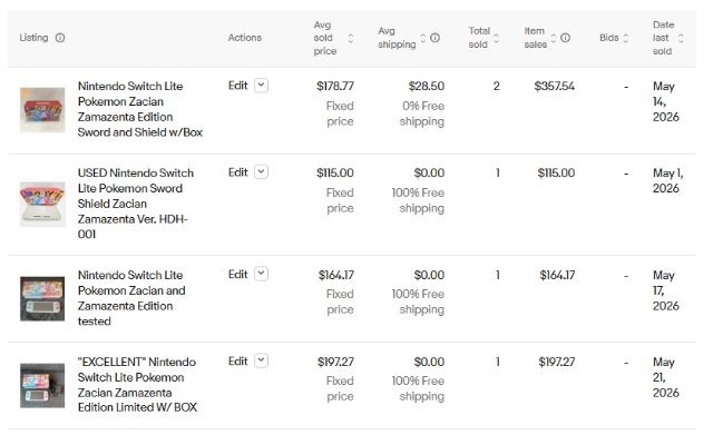 eBay「Product research」の操作画面|ポケモンデザインのスイッチライトが販売実績として並んでいる画像