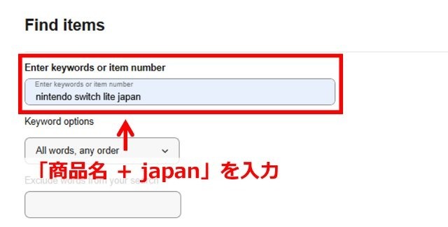 eBay「Advanced search」の操作画面|キーワード入力欄に「nintendo switch lite japan」と入力しているところ