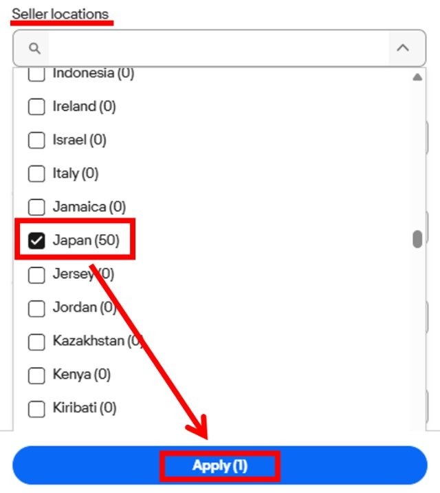 eBay「Product research」の操作画面|「Seller locations」の選択肢の中から「Japan」にチェックを入れて、一番下の「Apply」ボタンをクリックするところ