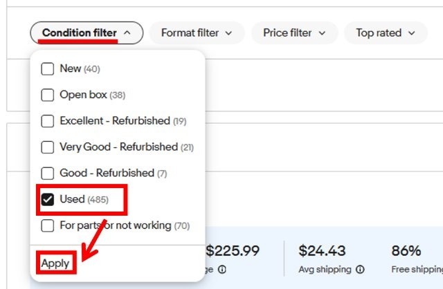 eBay「Product research」の操作画面|「Condition filter」の項目で「Used」を選択しているところ