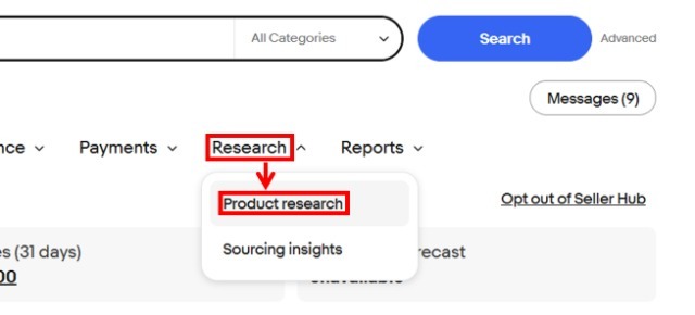 eBay「Product research」の操作画面|セラーハブの上部にあるメニュー「Research」「Product research」の順にクリックするところ