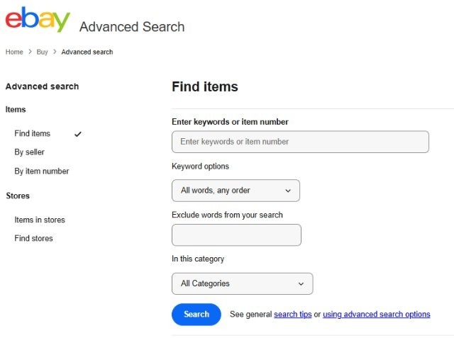 eBay「Advanced search」の操作画面|Advanced searchの設定画像