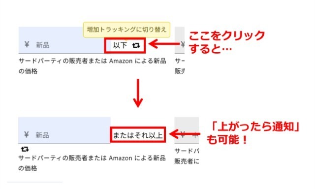 Keepaの拡張機能画面|トラッキングの価格設定を「○円以下」から「○円またはそれ以上」に変更しているところ