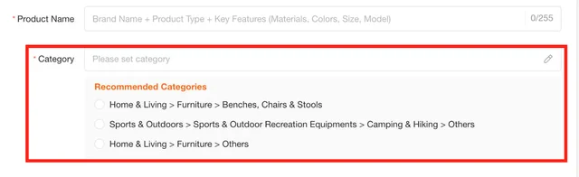 Shopeeの出品画面|カテゴリーを設定しているところ