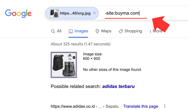 画像検索で表示されたページの検索窓に「-site:buyma.com」を追記しているところ