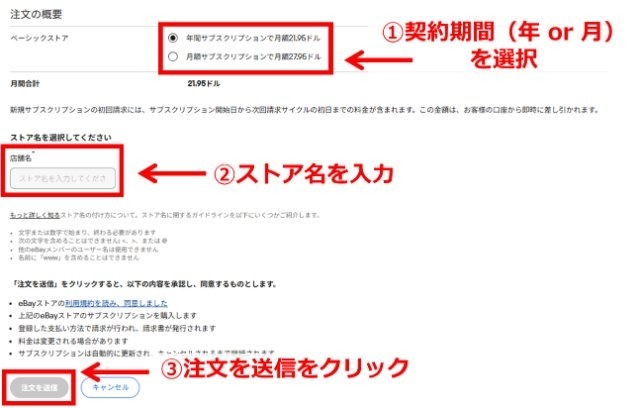 eBay公式サイトでの操作画面｜契約期間・ストア名を入力して「注文を送信」ボタンをクリックするところ