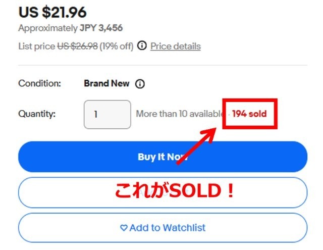 eBayの商品ページの購入ボタンの上に「194ソールド」と表示されているのを図示した画像