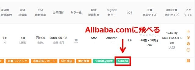 「ライバル商品リサーチ」機能の画面を右にスライドしていくと、緑色の「Alibaba」というボタンが出てきます。