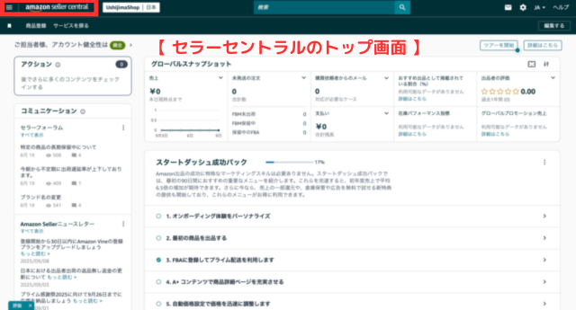 出品を管理する画面の「セラーセントラル」は以下の通りです。