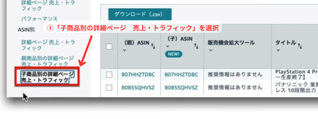 Amazonセラーセントラルの操作画面|左側のメニューから「子商品別の詳細ページ 売上・トラフィック」ボタンをクリックしているところ