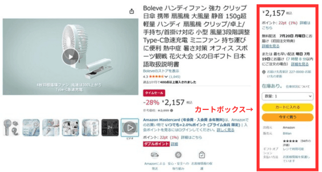 Amazonの商品ページ画像|右側にあるカートボックスのエリアを図示したもの
