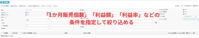 ポイポイポケットの操作画面｜月間販売個数や希望する利益額・利益率などのフィルタリングをしているところ