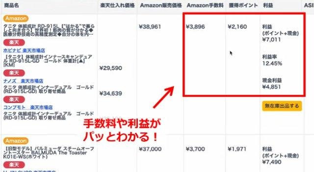 ポイポイポケットの操作画面｜Amazonの手数料や楽天ポイントを加味した利益が表示されているところ