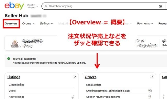 eBayセラーハブのメニュー紹介|「Overview」タブの画面を表示している